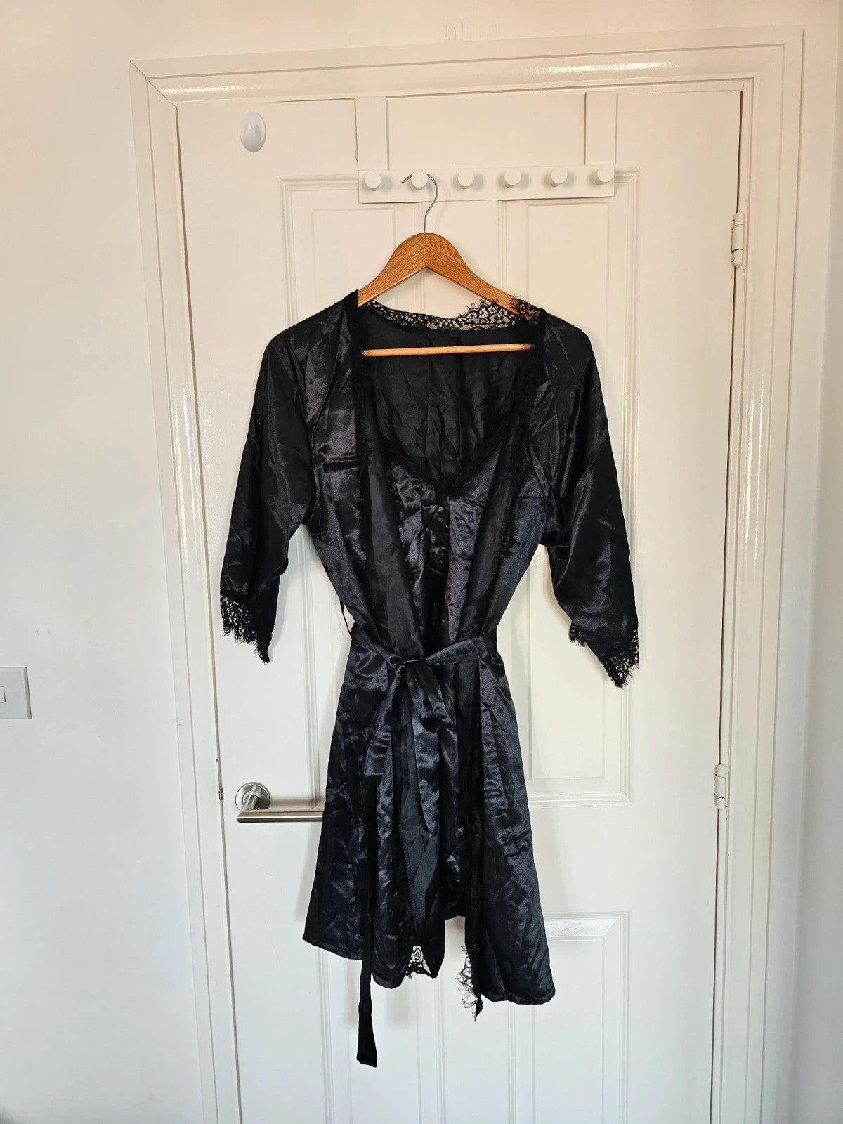 Generic women black night satin set cami top shorts nightdress robe lace details pyjamas set M/10