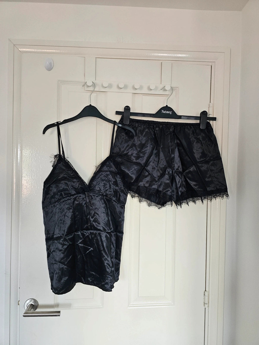 Generic women black night satin set cami top shorts nightdress robe lace details pyjamas set M/10