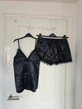 Generic women black night satin set cami top shorts nightdress robe lace details pyjamas set M/10