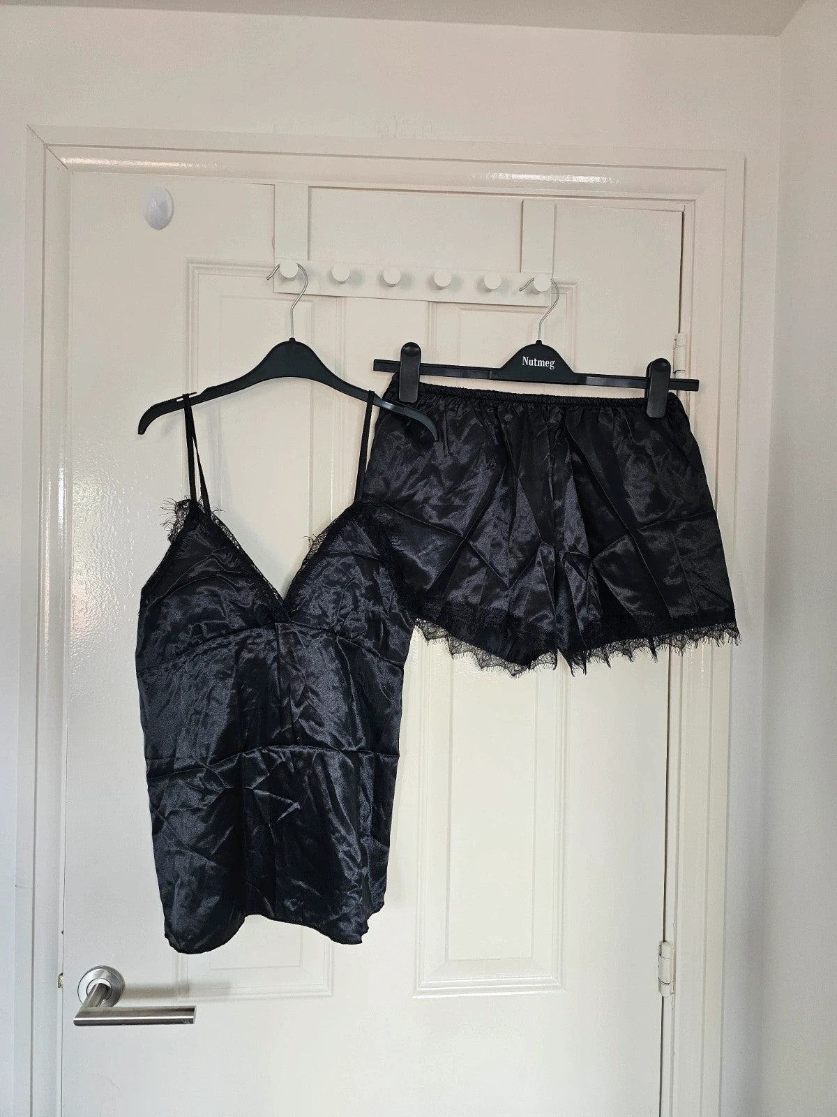 Generic women black night satin set cami top shorts nightdress robe lace details pyjamas set M/10