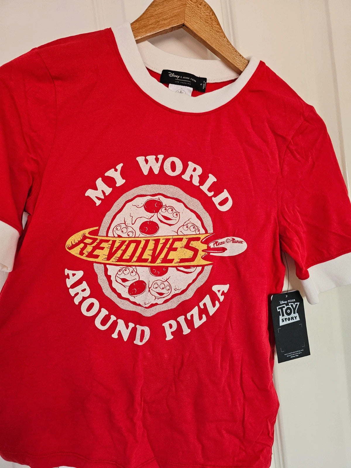 Disney Toy Story My World Revolves Around Pizza ringer T-shirt women cotton tee red/white S/8