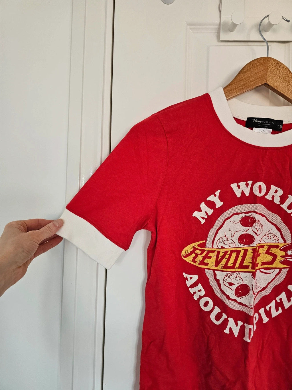 Disney Toy Story My World Revolves Around Pizza ringer T-shirt women cotton tee red/white S/8