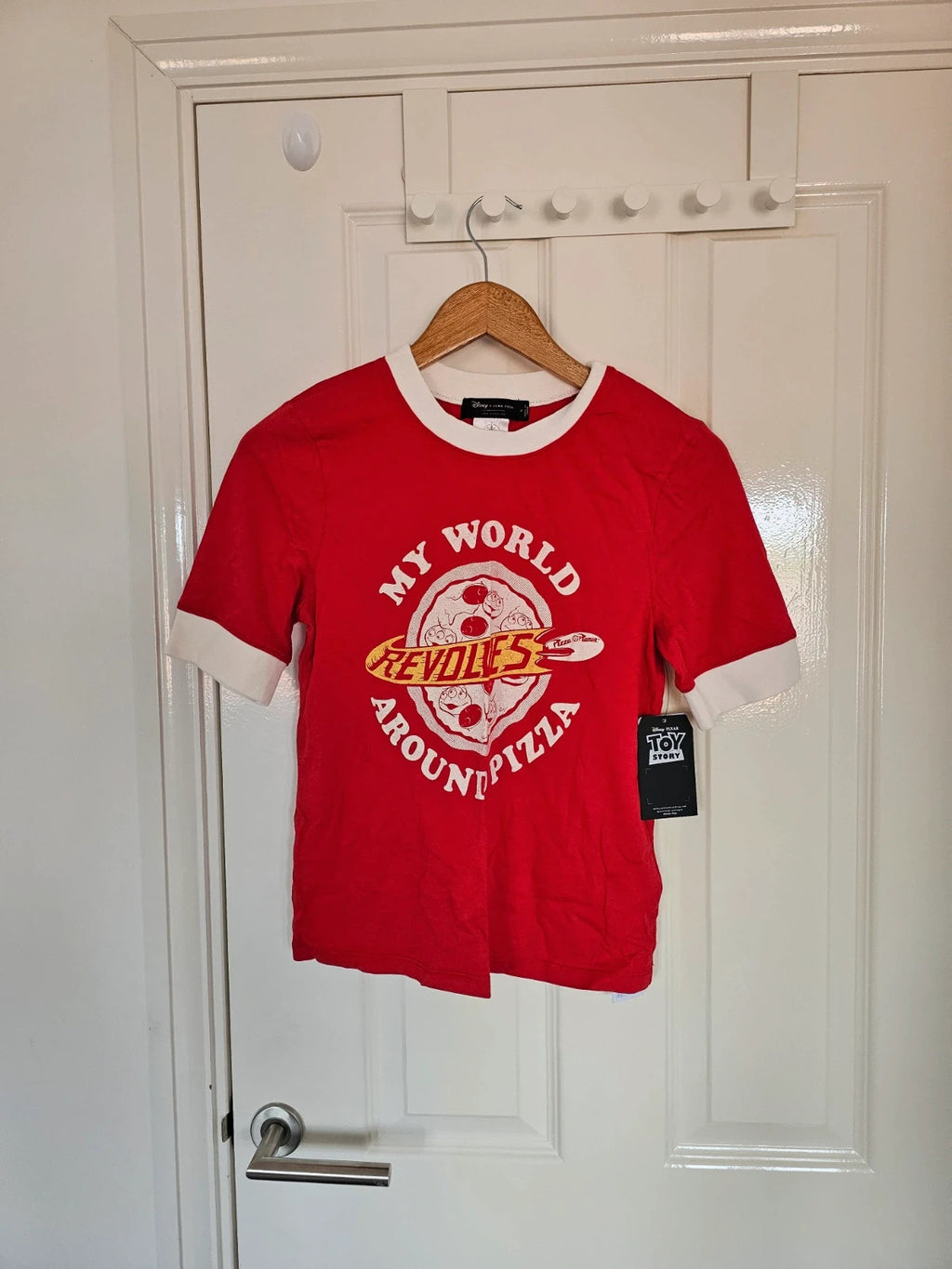 Disney Toy Story My World Revolves Around Pizza ringer T-shirt women cotton tee red/white S/8