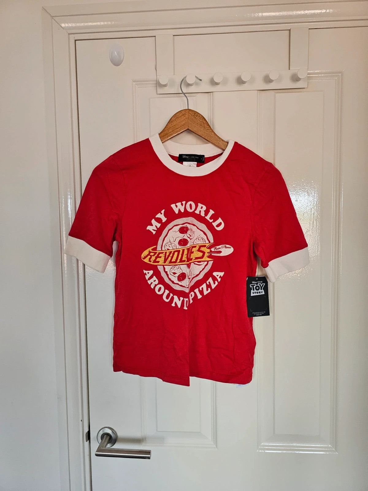 Disney Toy Story My World Revolves Around Pizza ringer T-shirt women cotton tee red/white S/8