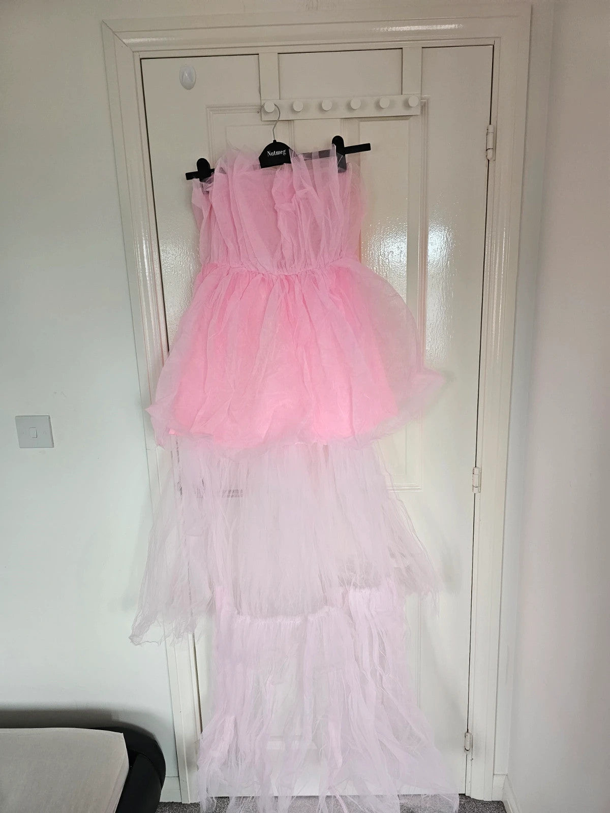 Betrodi women high low tulle dress strapless off shoulder tiered flowy tutu dress A-line pink S