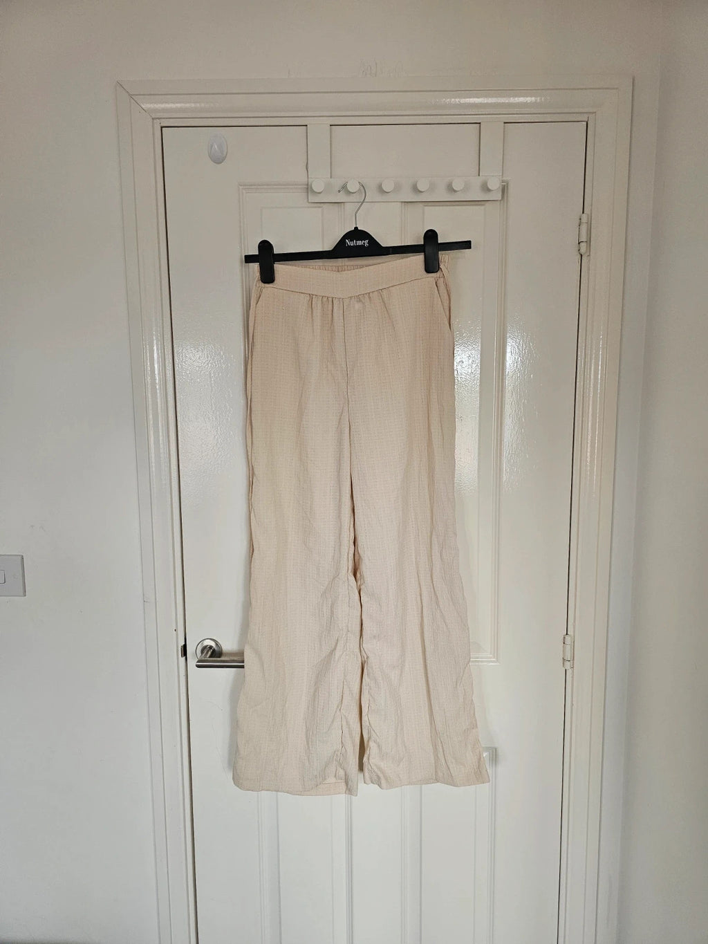 Shein women wide straight leg textured trousers drawstring loose summer pants beige M/10