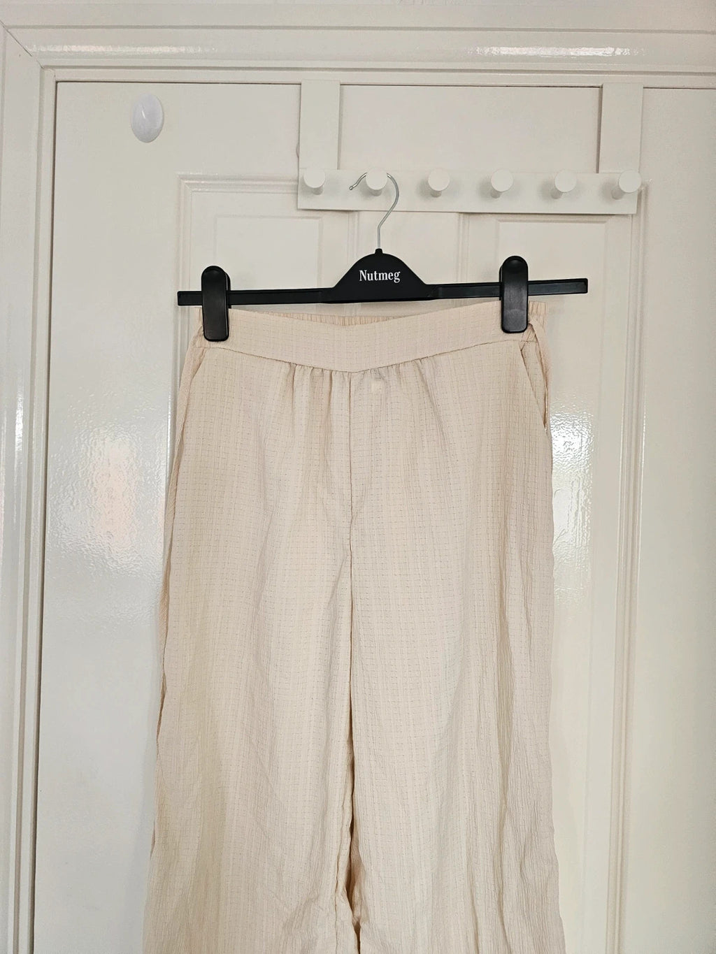 Shein women wide straight leg textured trousers drawstring loose summer pants beige M/10