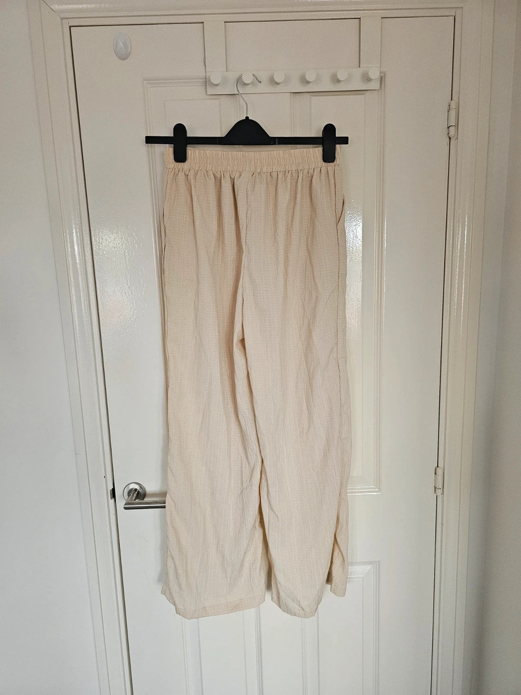 Shein women wide straight leg textured trousers drawstring loose summer pants beige M/10