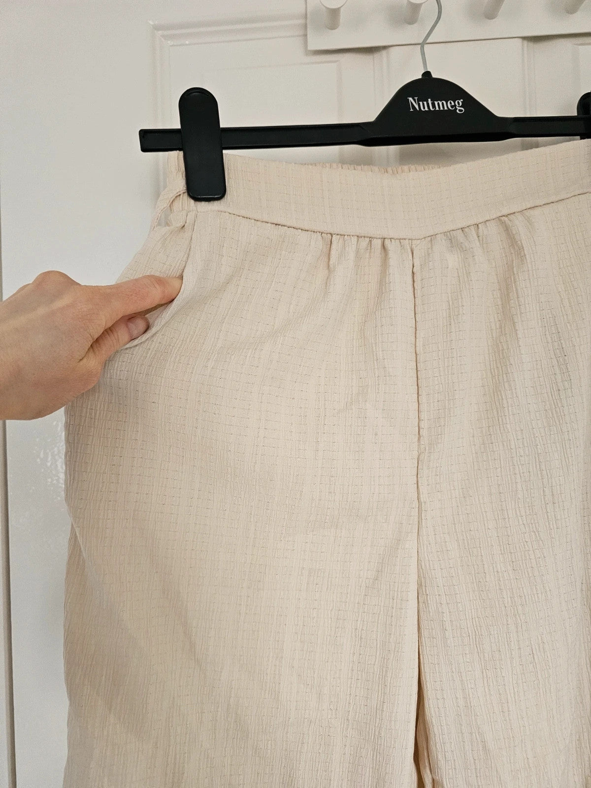 Shein women wide straight leg textured trousers drawstring loose summer pants beige M/10