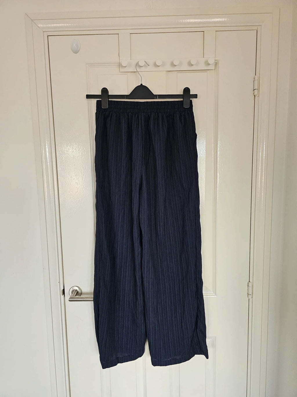 Shein women wide straight leg textured trousers drawstring loose summer pants navy M/10