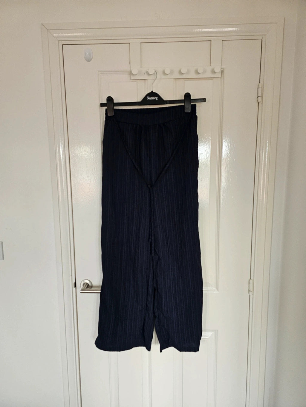 Shein women wide straight leg textured trousers drawstring loose summer pants navy M/10