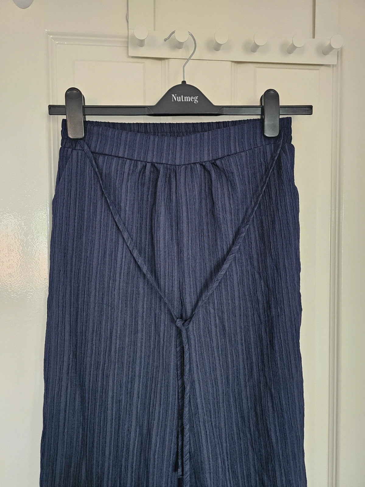 Shein women wide straight leg textured trousers drawstring loose summer pants navy M/10