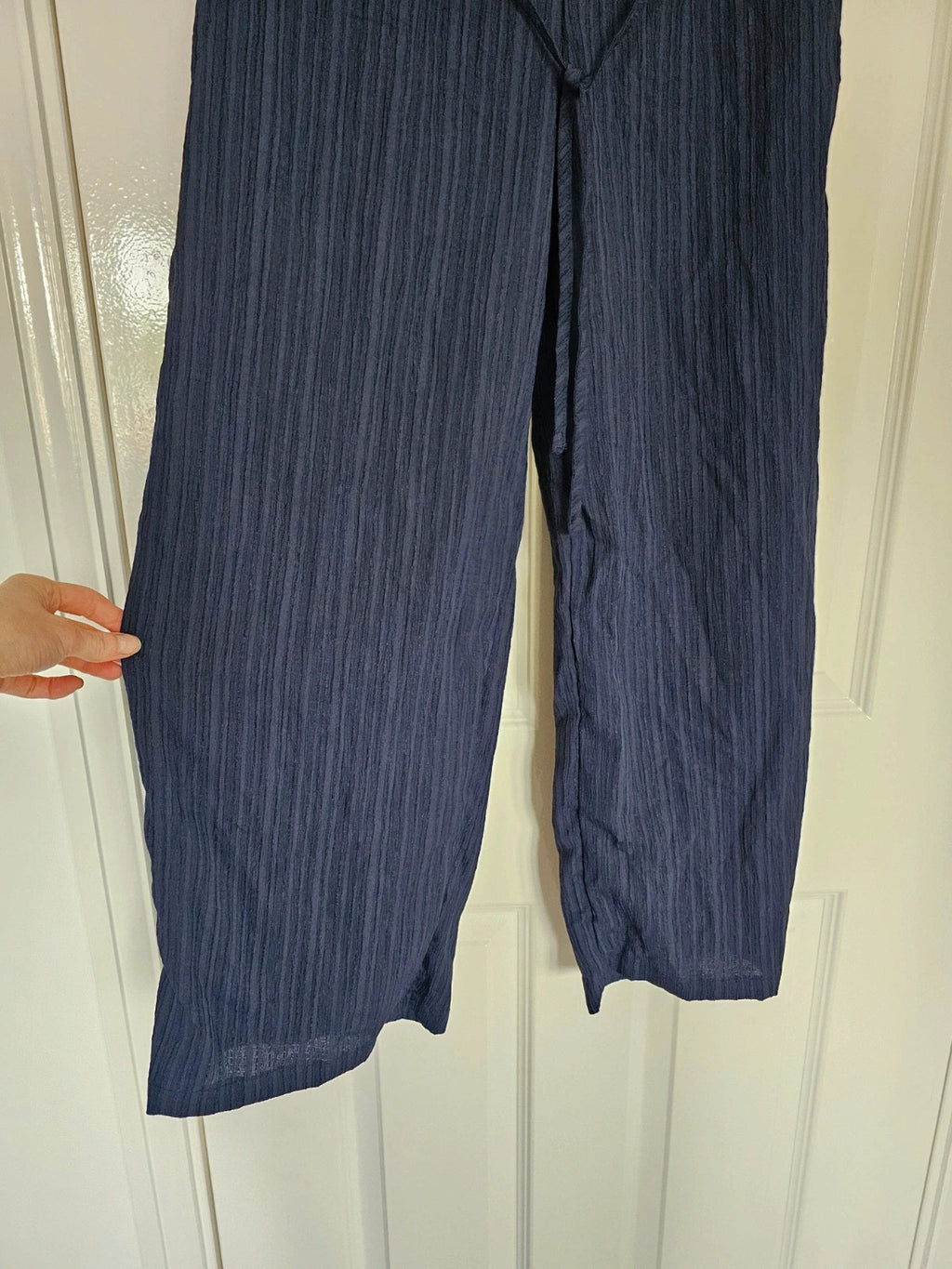 Shein women wide straight leg textured trousers drawstring loose summer pants navy M/10