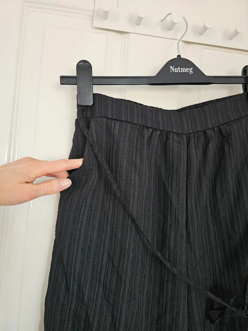 Shein women wide straight leg textured trousers drawstring loose summer pants black M/10