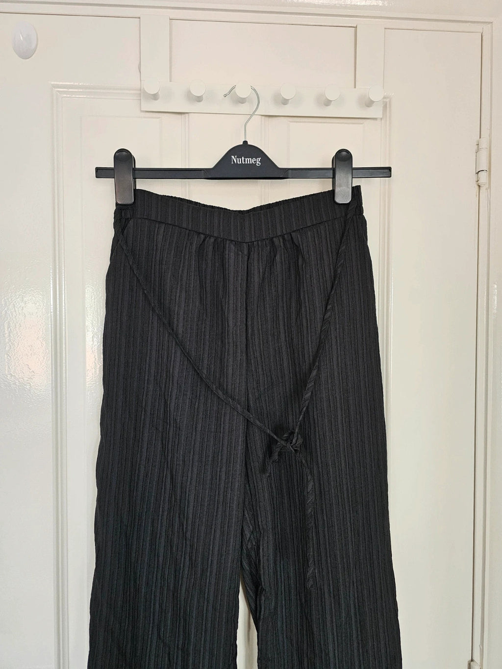 Shein women wide straight leg textured trousers drawstring loose summer pants black M/10