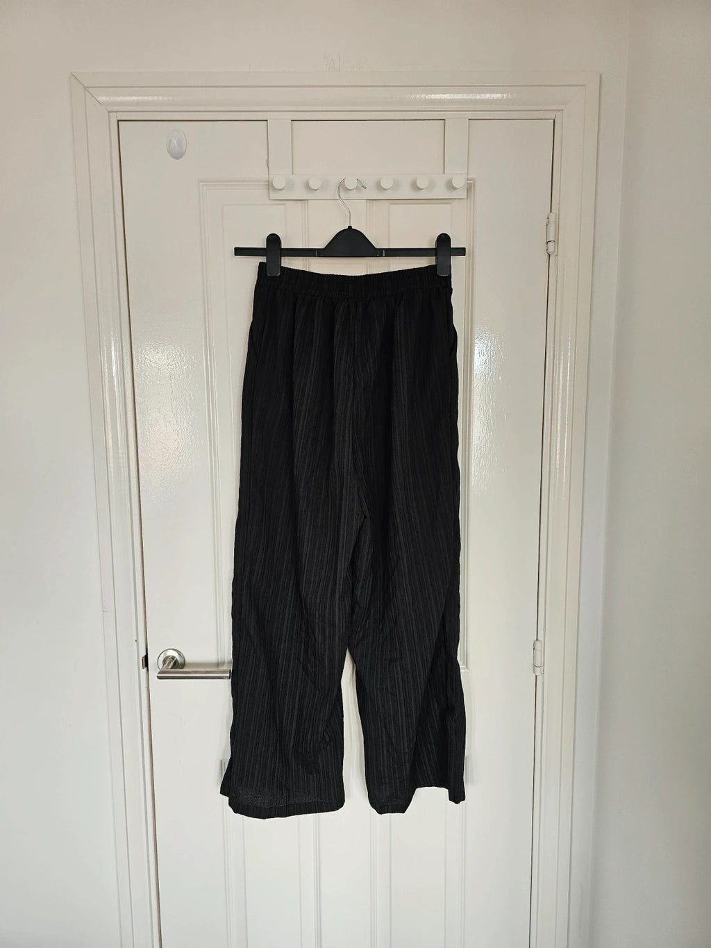 Shein women wide straight leg textured trousers drawstring loose summer pants black M/10