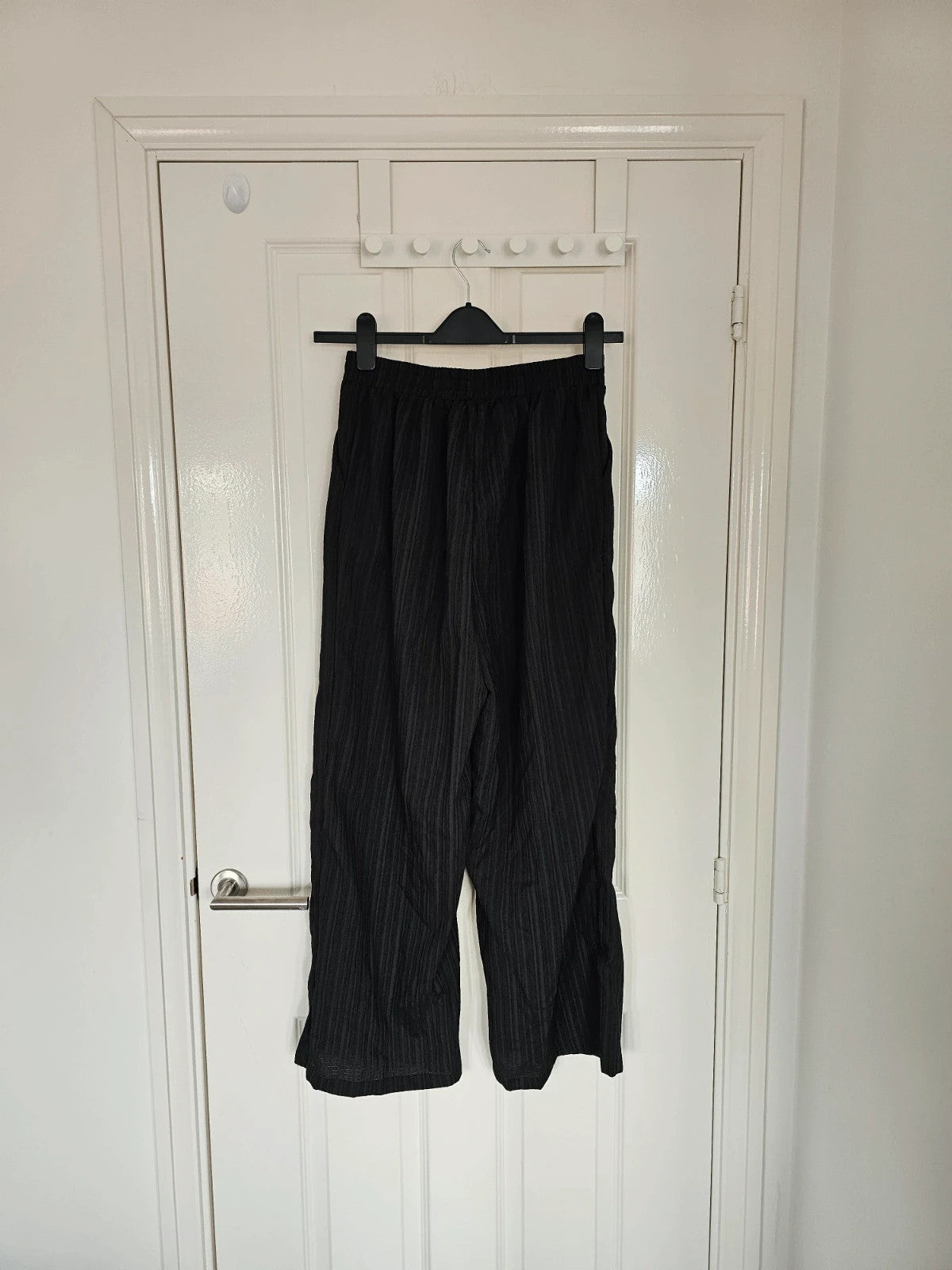 Shein women wide straight leg textured trousers drawstring loose summer pants black M/10
