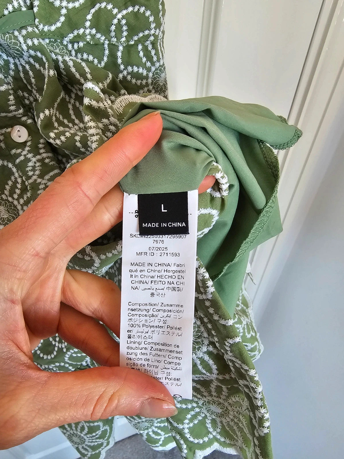 Shein Maija women embroidered floral mini dress sleeveless V-neck boho summer green/white L/12