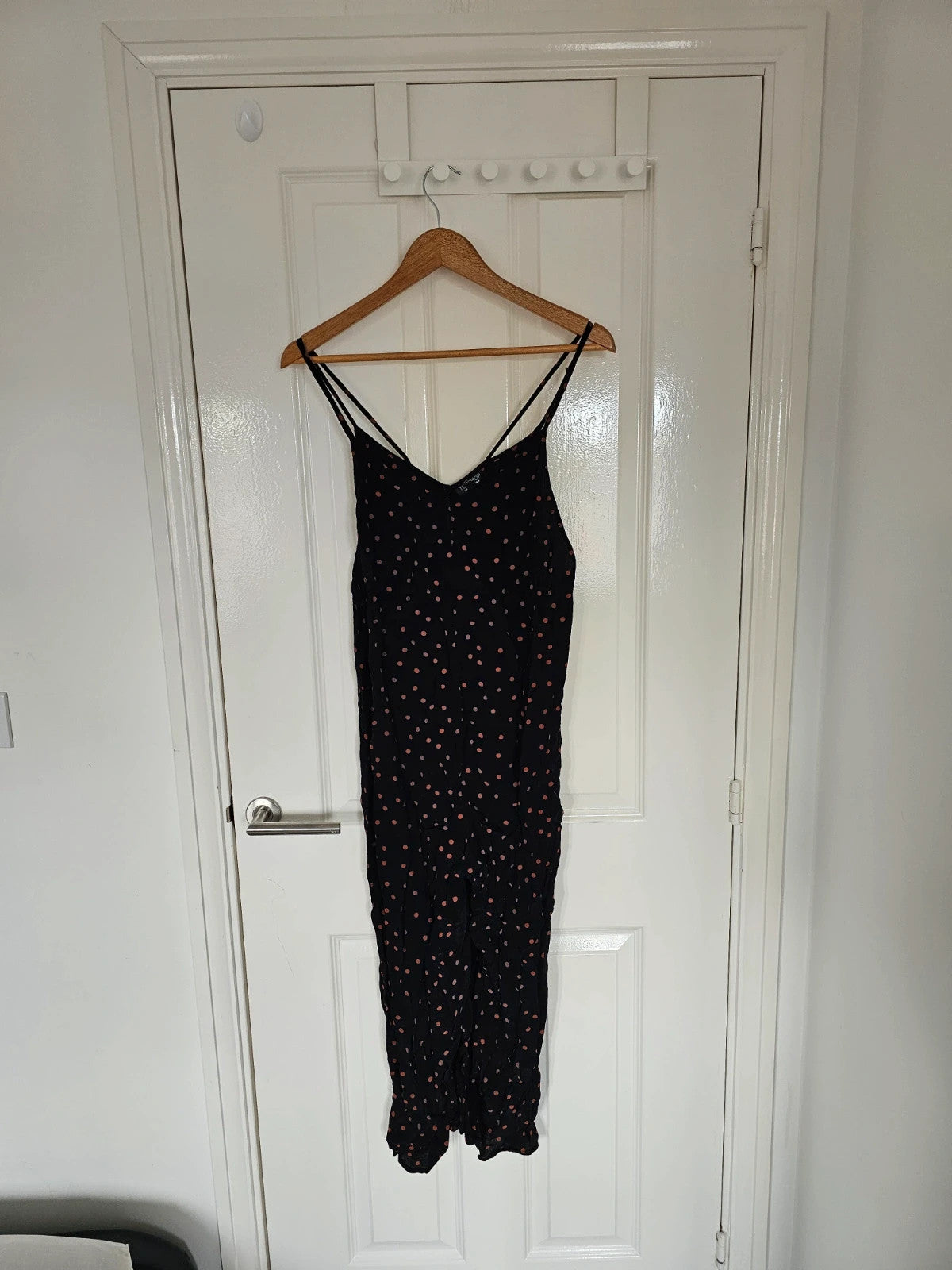 Topshop polka dot double straps jumpsuit women wide straight leg V-neck black/orange 2XL/16