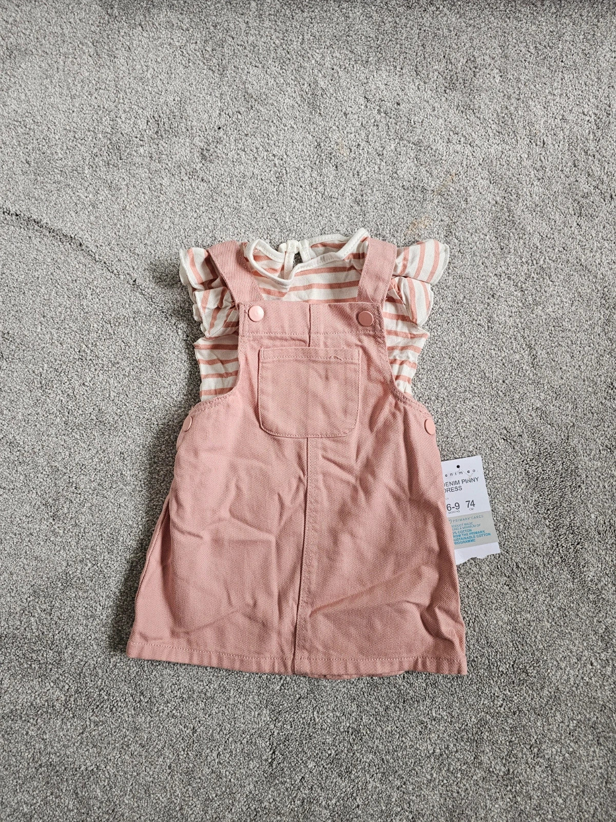 Primark baby girls 6/9m denim pinny dress short sleeve T-shirt set cotton rose/white