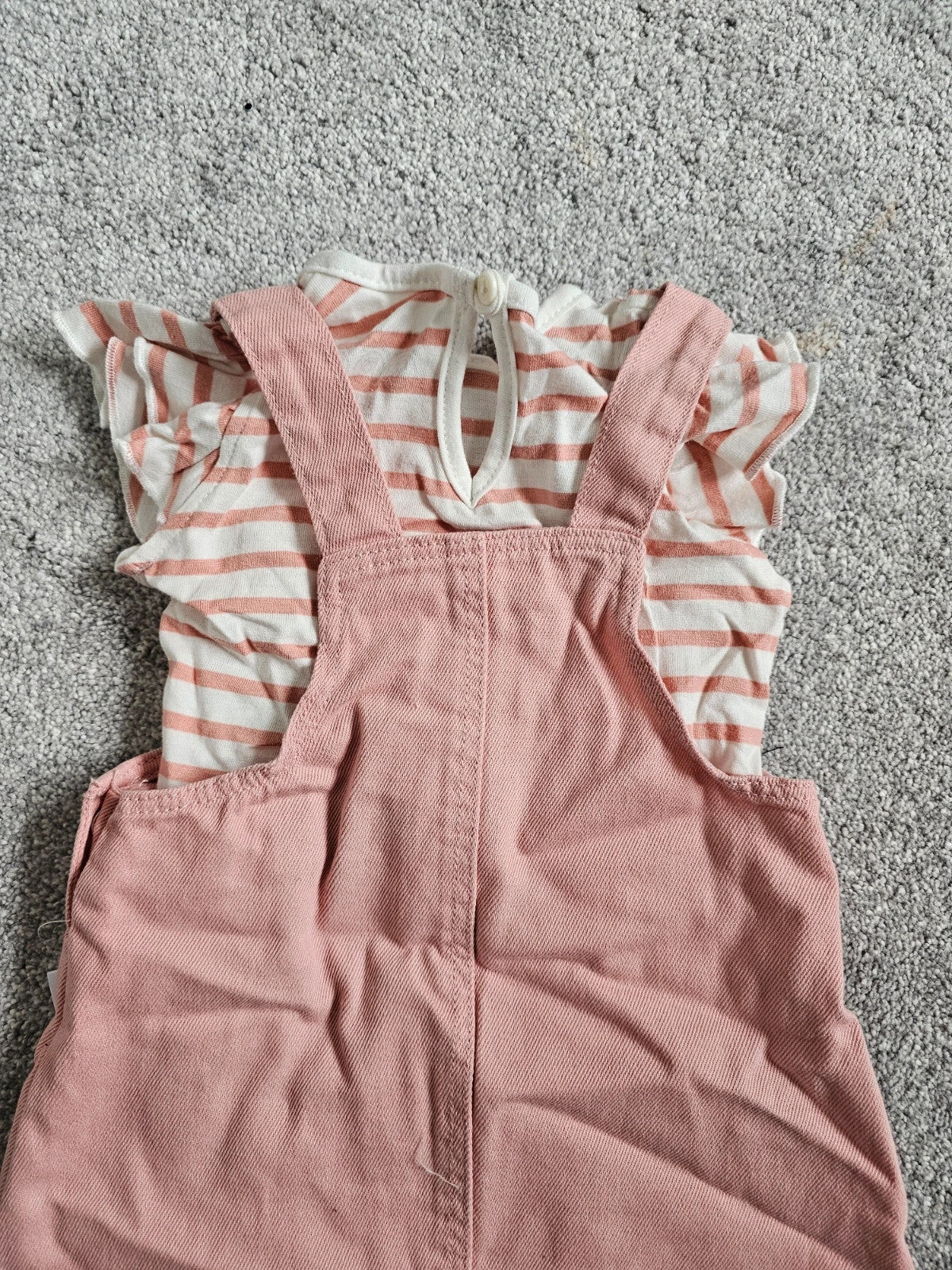Primark baby girls 6/9m denim pinny dress short sleeve T-shirt set cotton rose/white