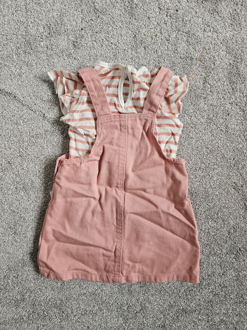 Primark baby girls 6/9m denim pinny dress short sleeve T-shirt set cotton rose/white