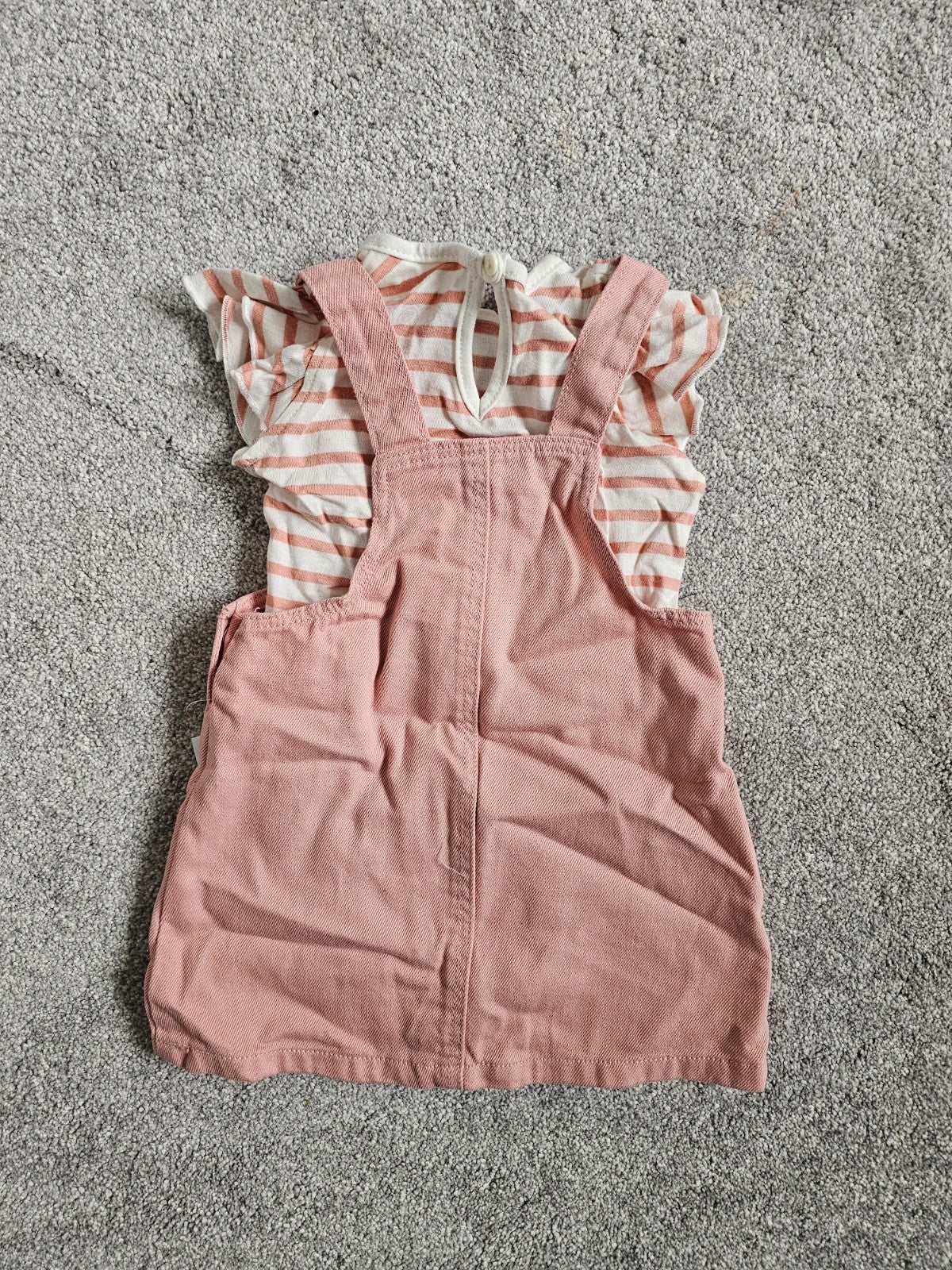 Primark baby girls 6/9m denim pinny dress short sleeve T-shirt set cotton rose/white