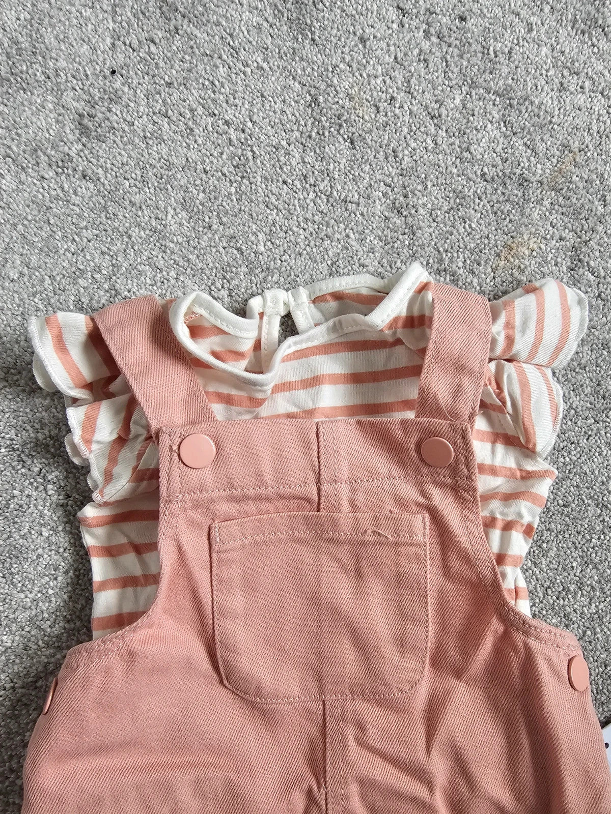 Primark baby girls 6/9m denim pinny dress short sleeve T-shirt set cotton rose/white