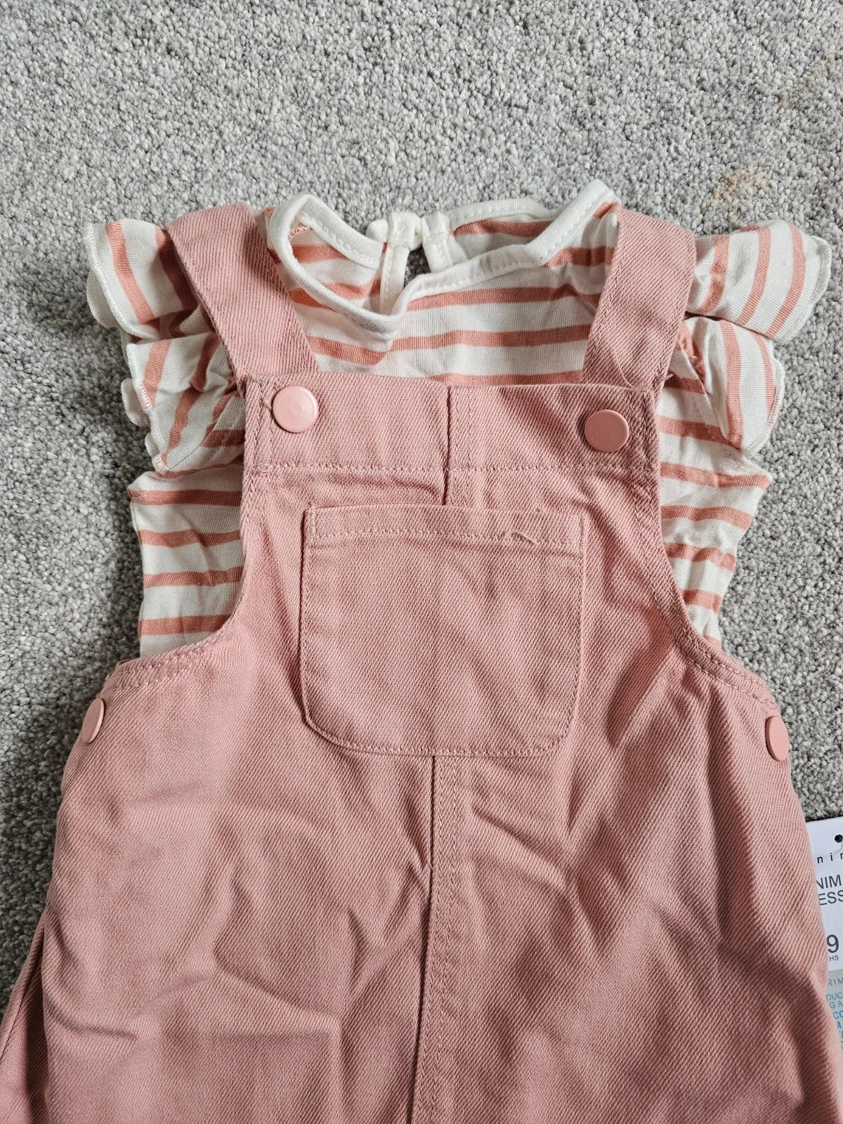 Primark baby girls 6/9m denim pinny dress short sleeve T-shirt set cotton rose/white