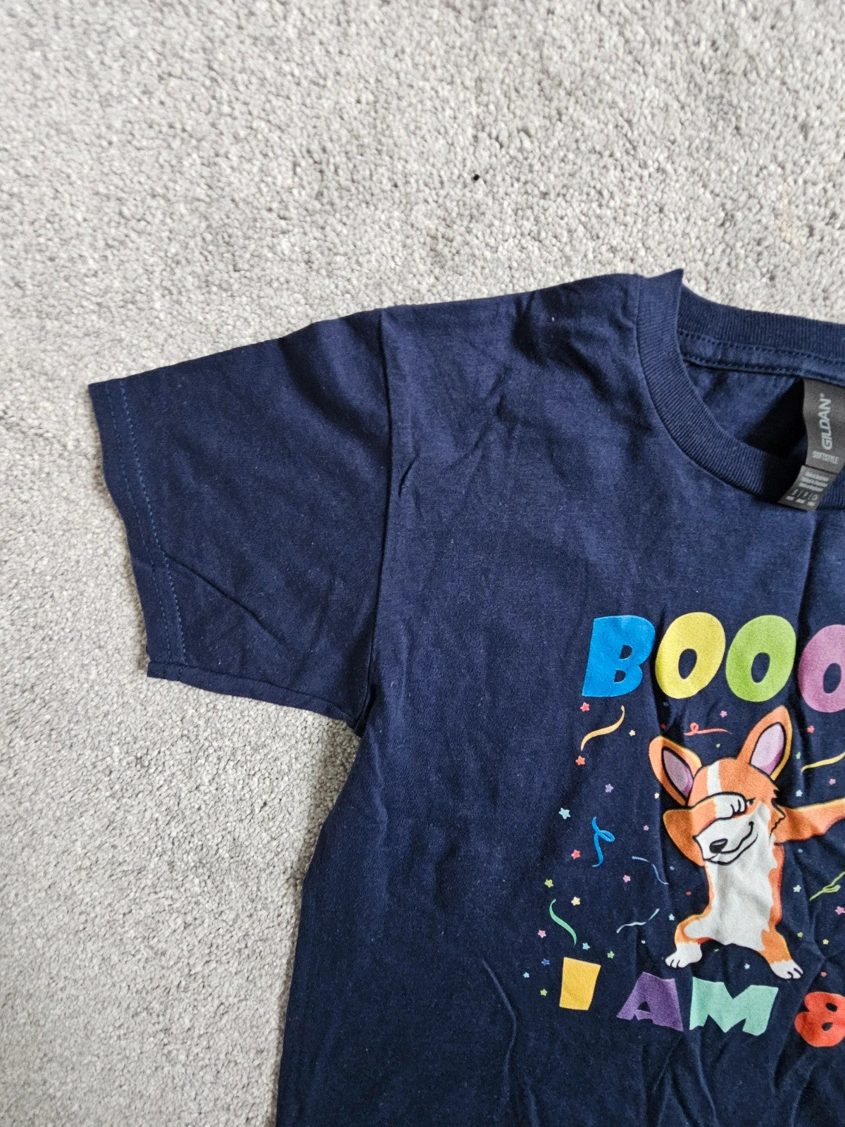 Gildan kids boys girls 8y blue birthday T-shirt cotton Booom I am 8 print short sleeve top navy