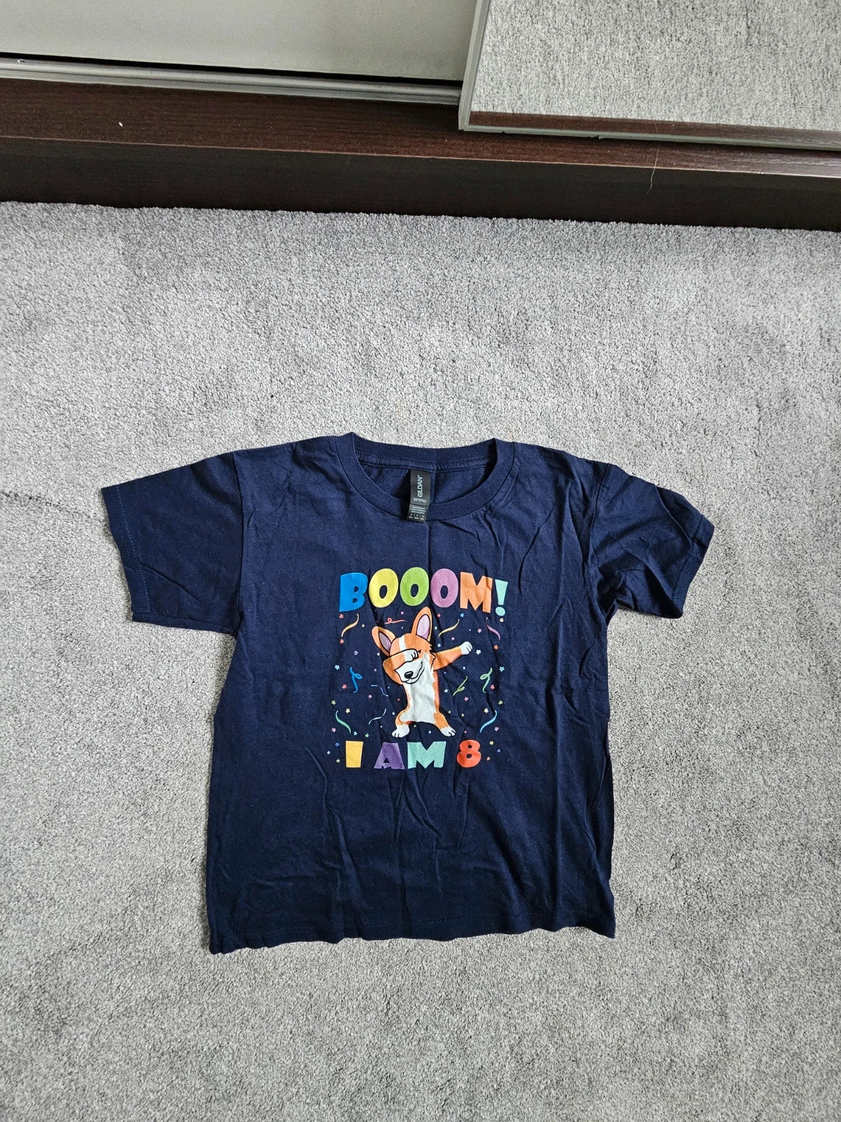 Gildan kids boys girls 8y blue birthday T-shirt cotton Booom I am 8 print short sleeve top navy