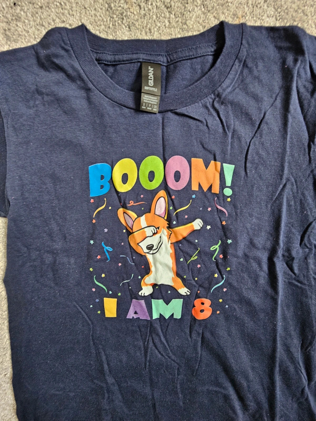 Gildan kids boys girls 8y blue birthday T-shirt cotton Booom I am 8 print short sleeve top navy