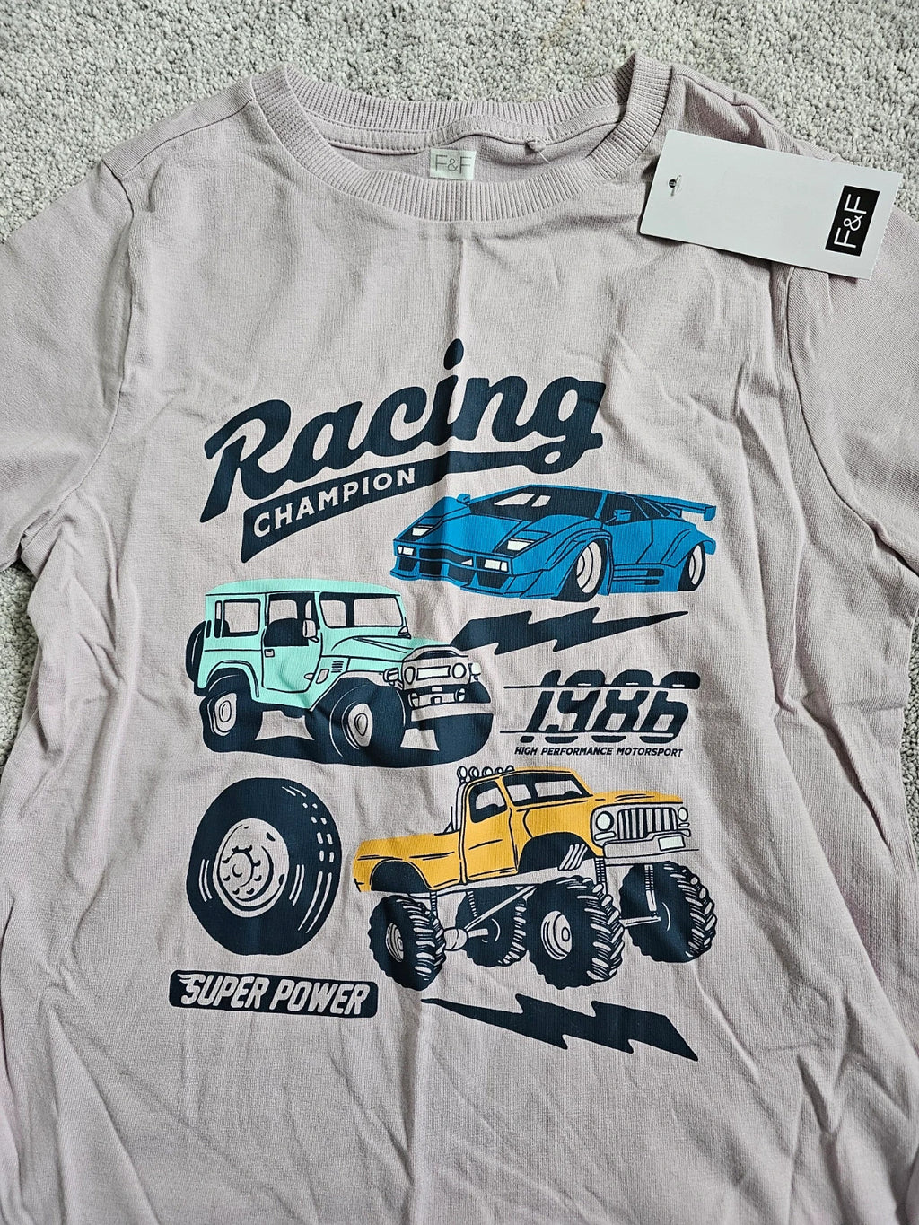 F&F kids boys 7/8y racing truck print T-shirt cotton short sleeve tee casual purple/blue