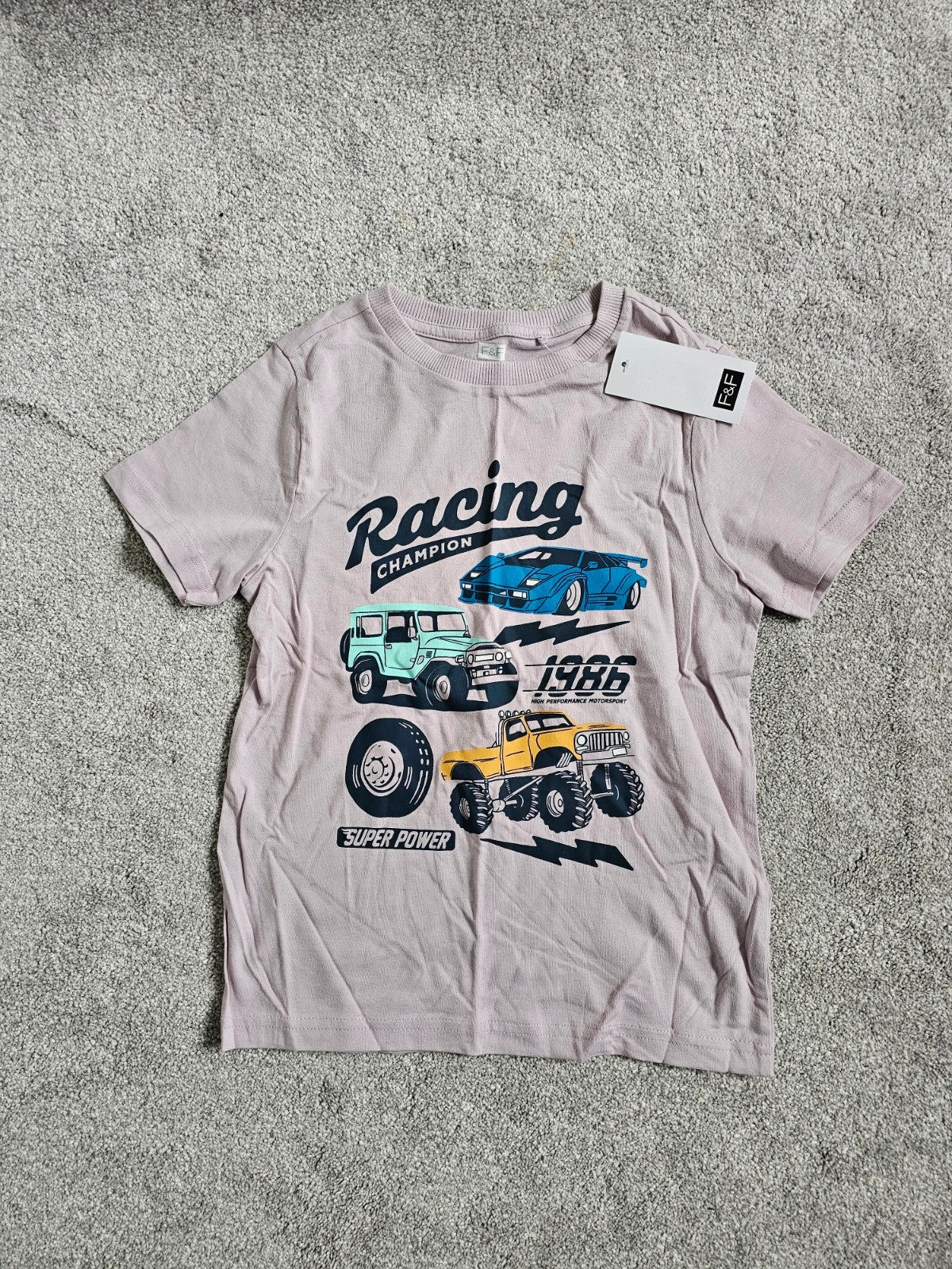 F&F kids boys 7/8y racing truck print T-shirt cotton short sleeve tee casual purple/blue