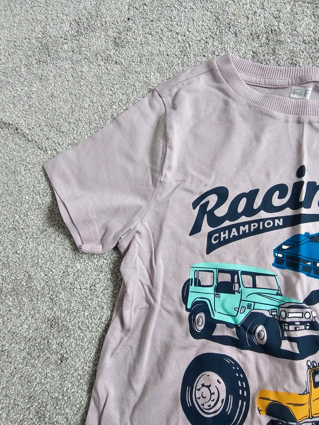 F&F kids boys 7/8y racing truck print T-shirt cotton short sleeve tee casual purple/blue
