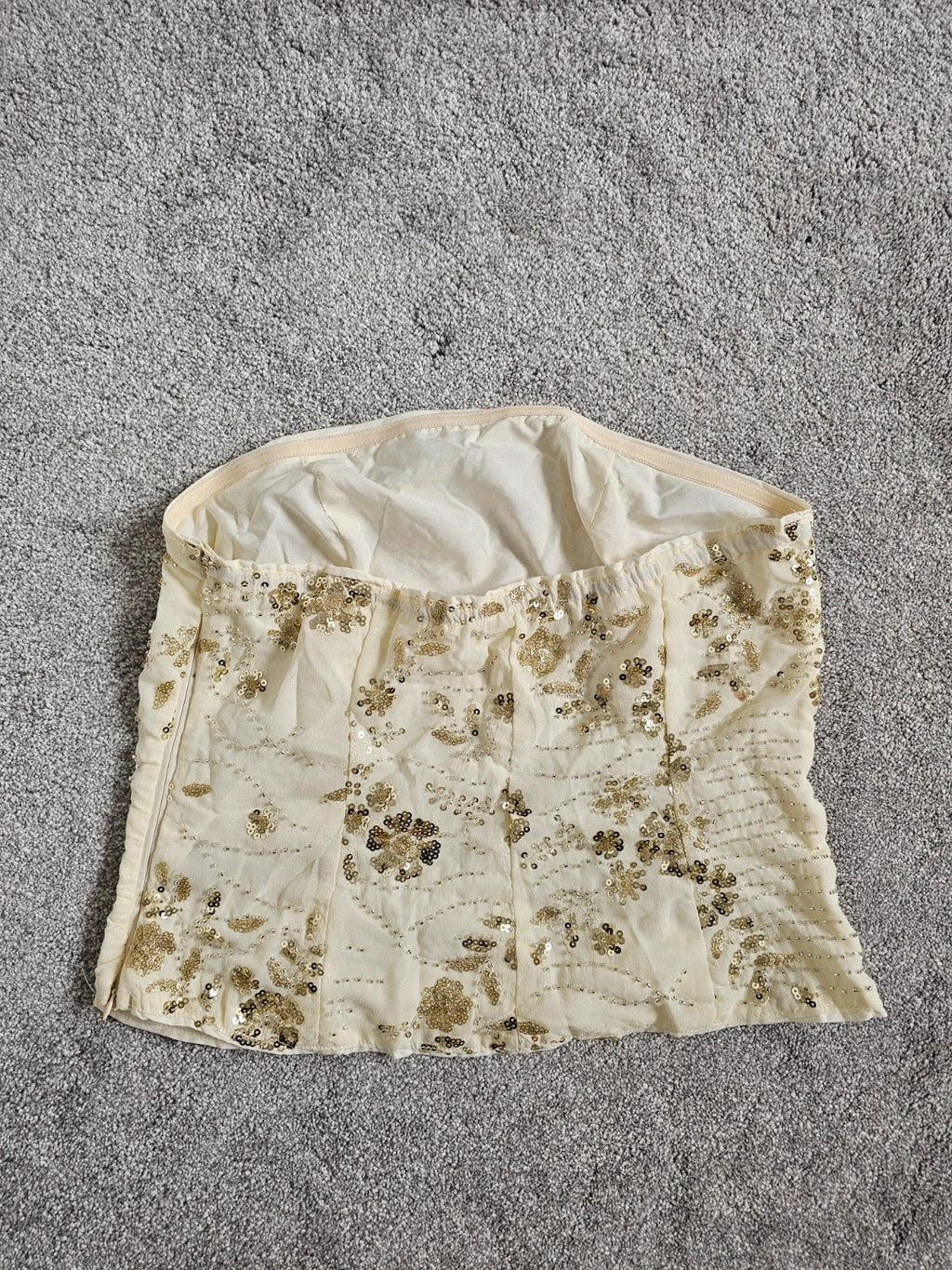 Shein sequin embellished bandeau top women off shoulder corset zip side backless cream/gold M/10