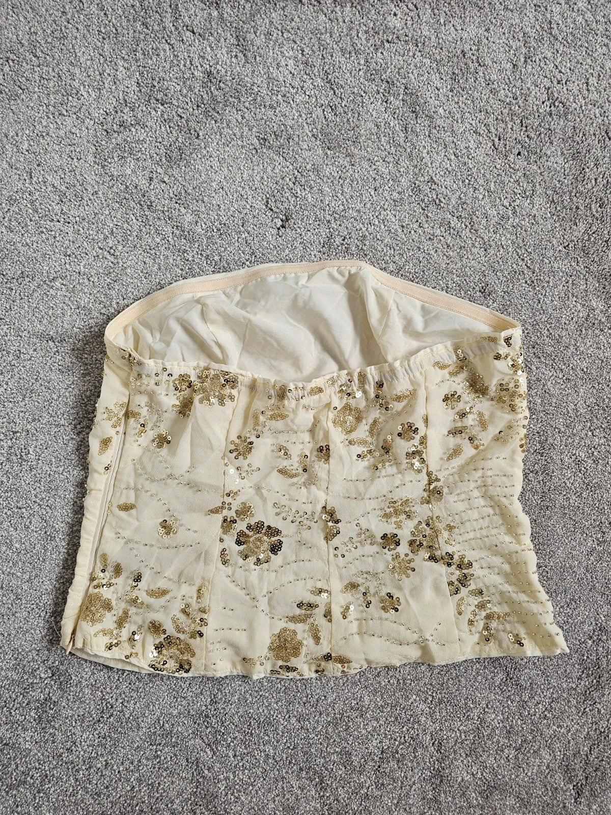 Shein sequin embellished bandeau top women off shoulder corset zip side backless cream/gold M/10