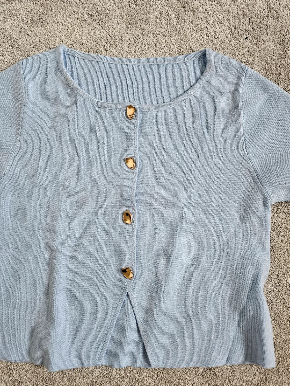 Generic Round Neck Short Sleeve Gold Button Cardigan Women Rib Crop Length top M/10