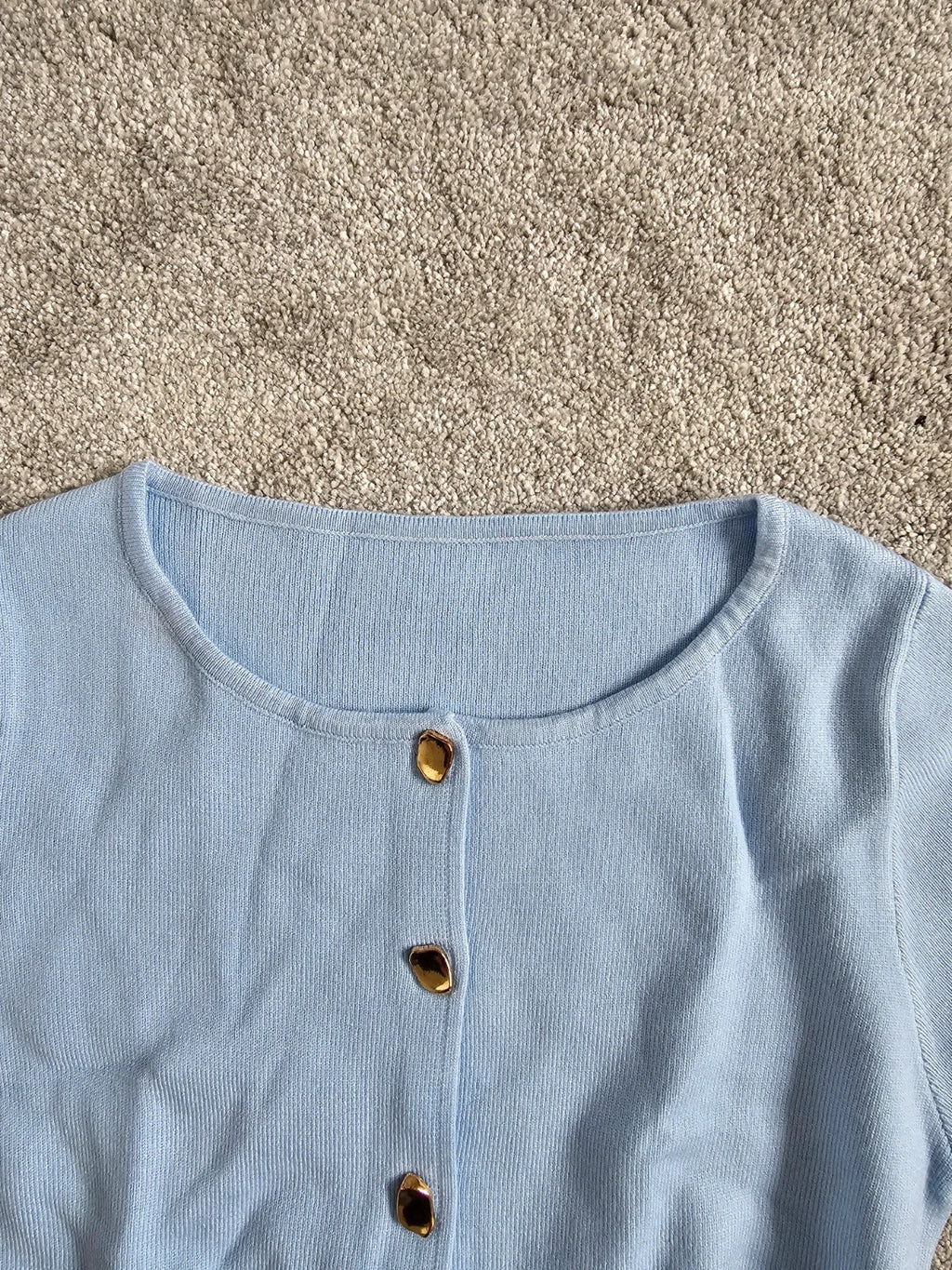 Generic Round Neck Short Sleeve Gold Button Cardigan Women Rib Crop Length top M/10