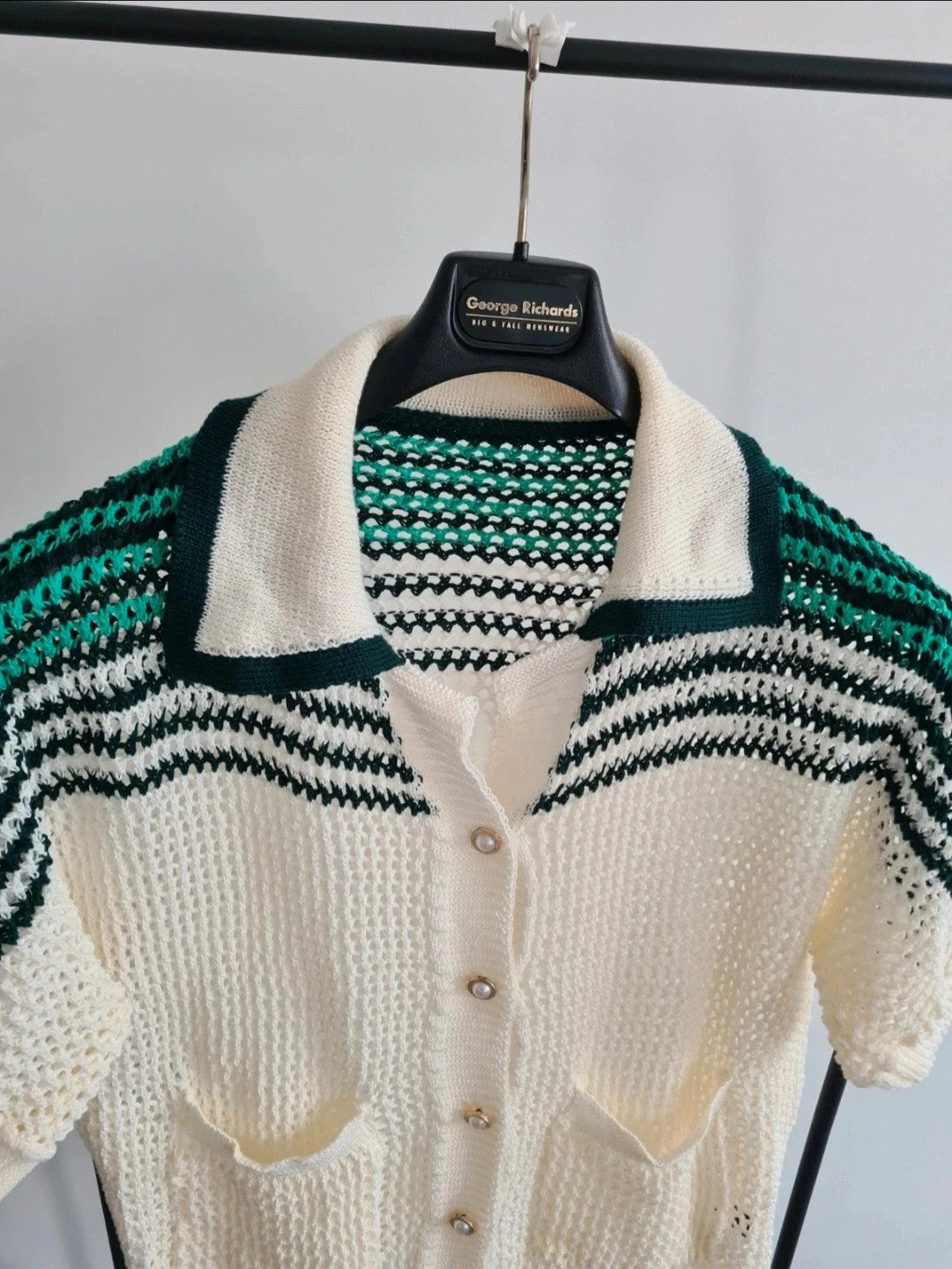 Shein Curve knit short sleeve top women collar neck shirt buttons blouse white/green 2XL/16