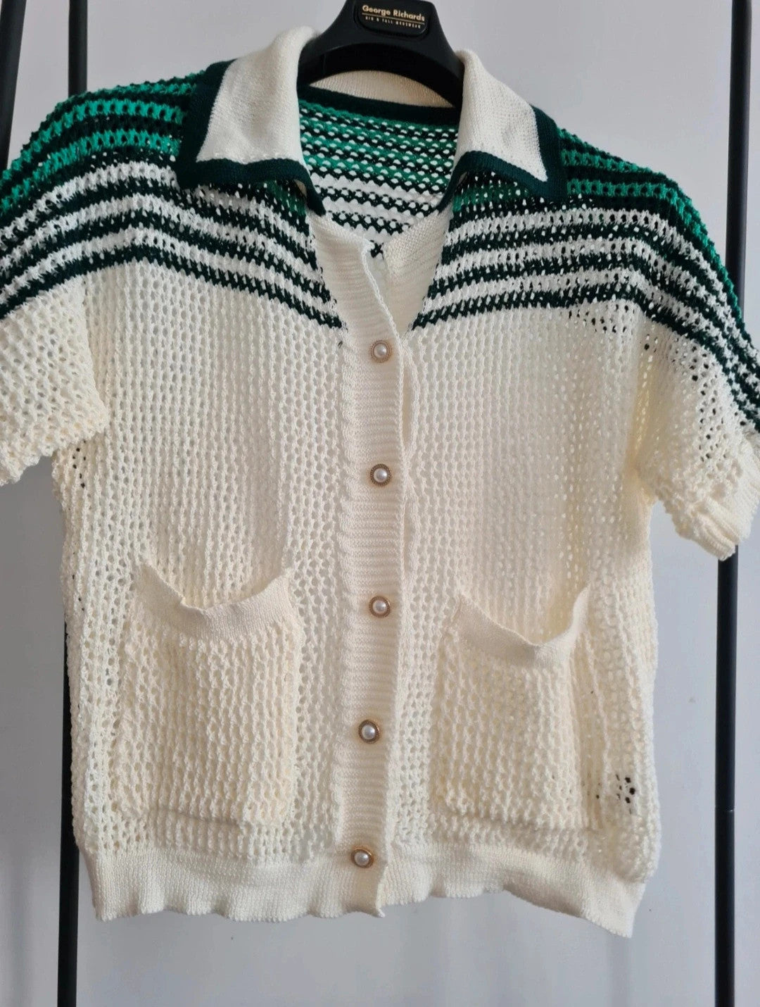 Shein Curve knit short sleeve top women collar neck shirt buttons blouse white/green 2XL/16