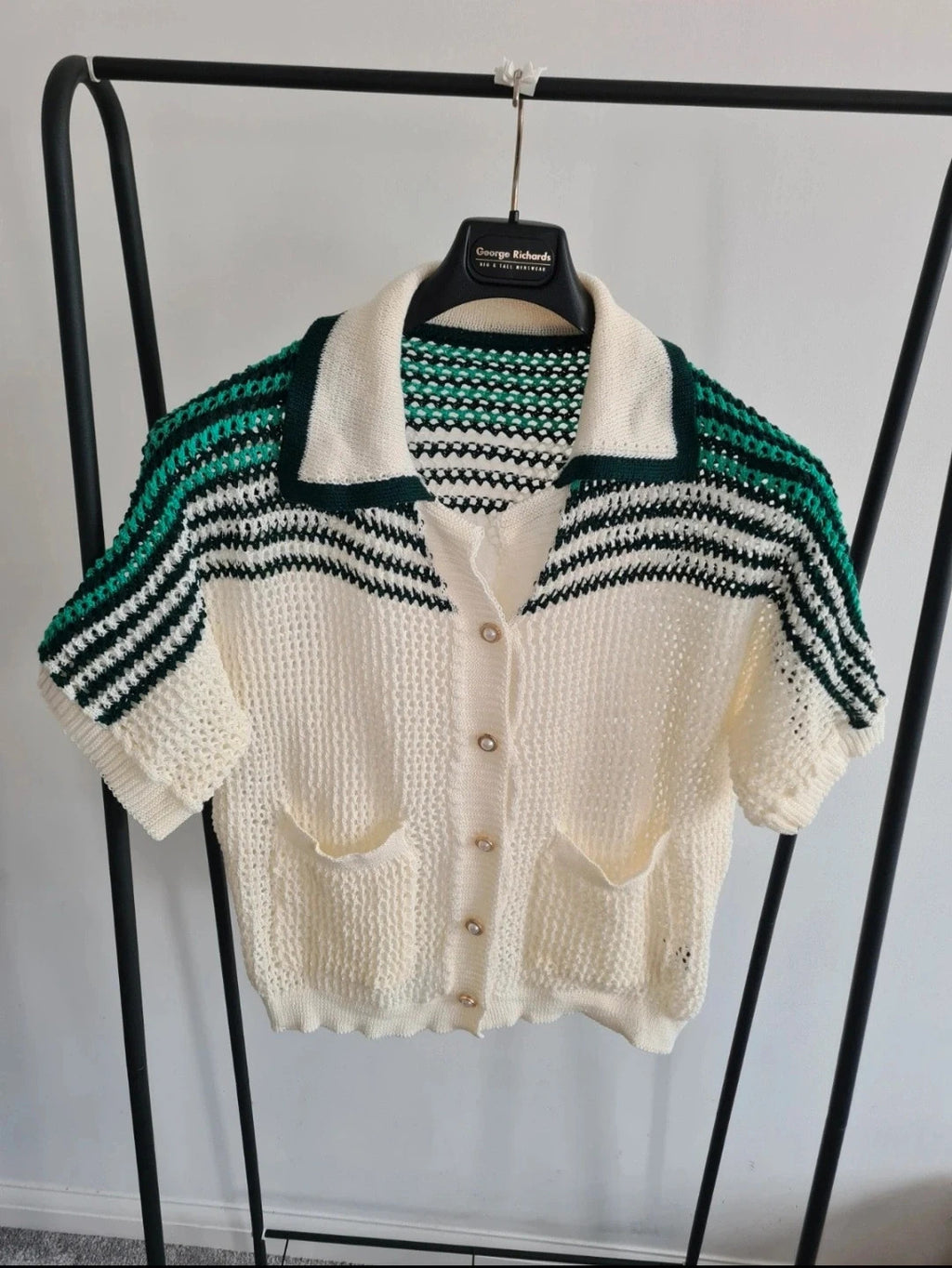 Shein Curve knit short sleeve top women collar neck shirt buttons blouse white/green 2XL/16