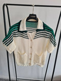 Shein Curve knit short sleeve top women collar neck shirt buttons blouse white/green 2XL/16