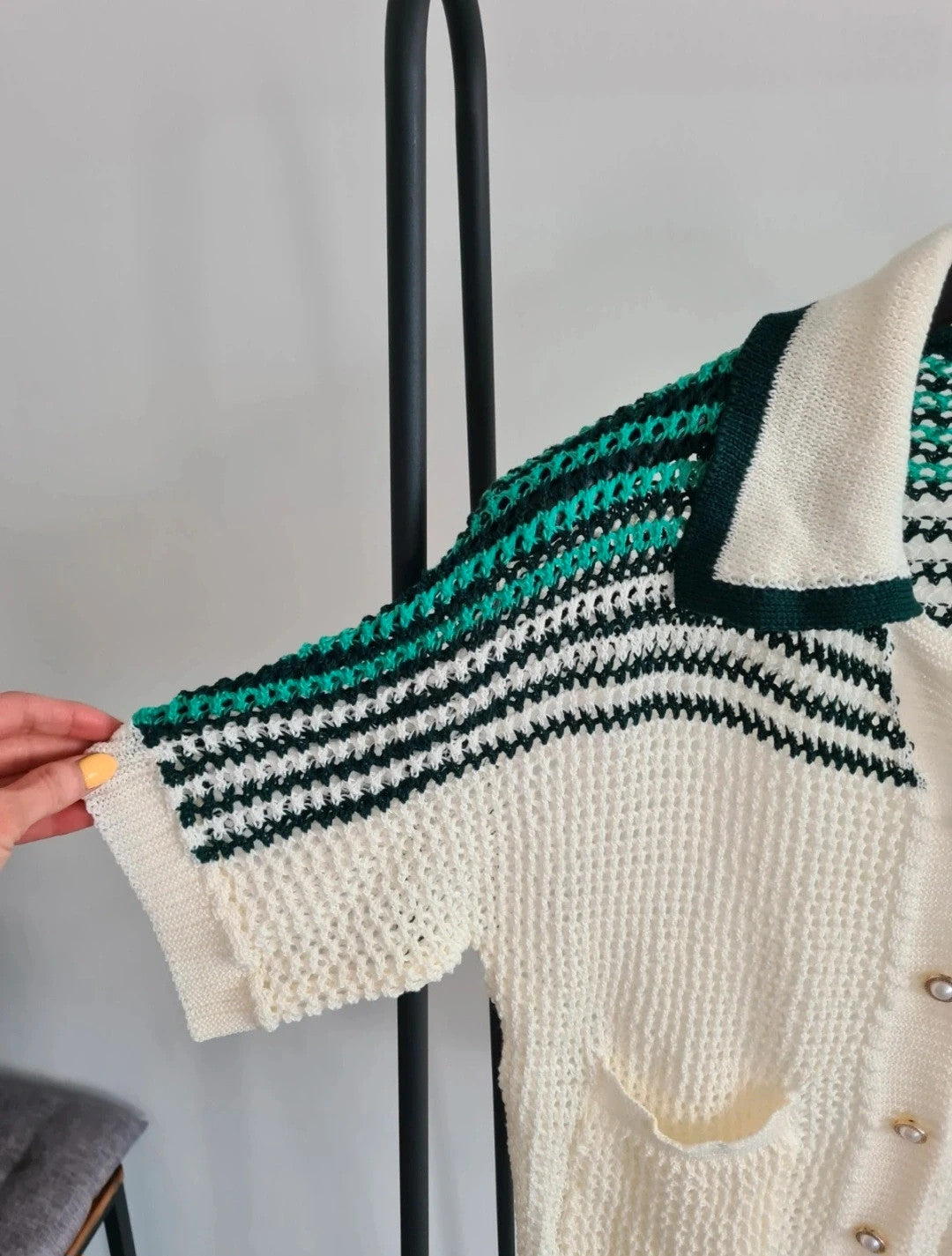 Shein Curve knit short sleeve top women collar neck shirt buttons blouse white/green 2XL/16