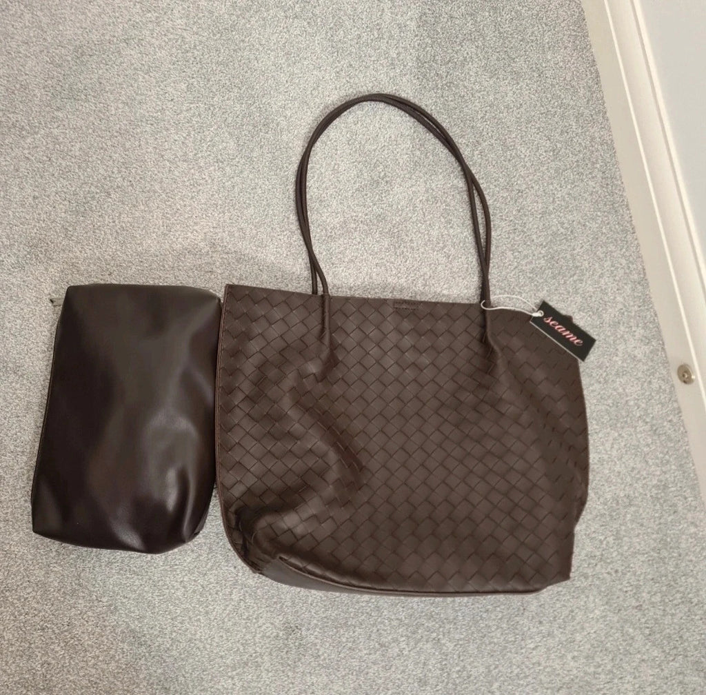 Seame Diana woven tote bag women shoulder straps vegan leather timeless everyday use coffe/chocolate
