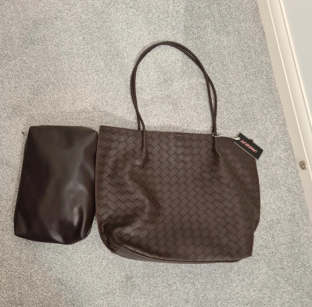 Seame Diana woven tote bag women shoulder straps vegan leather timeless everyday use coffe/chocolate