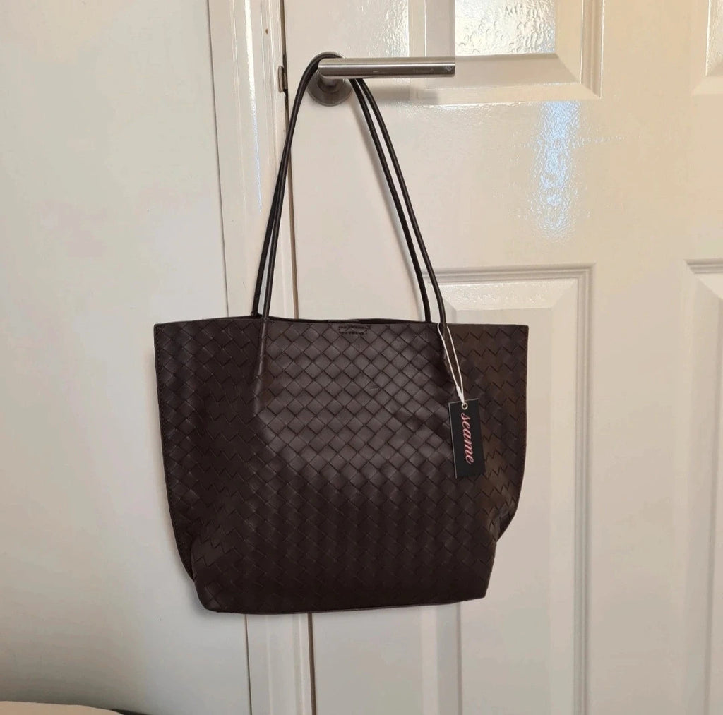 Seame Diana woven tote bag women shoulder straps vegan leather timeless everyday use coffe/chocolate