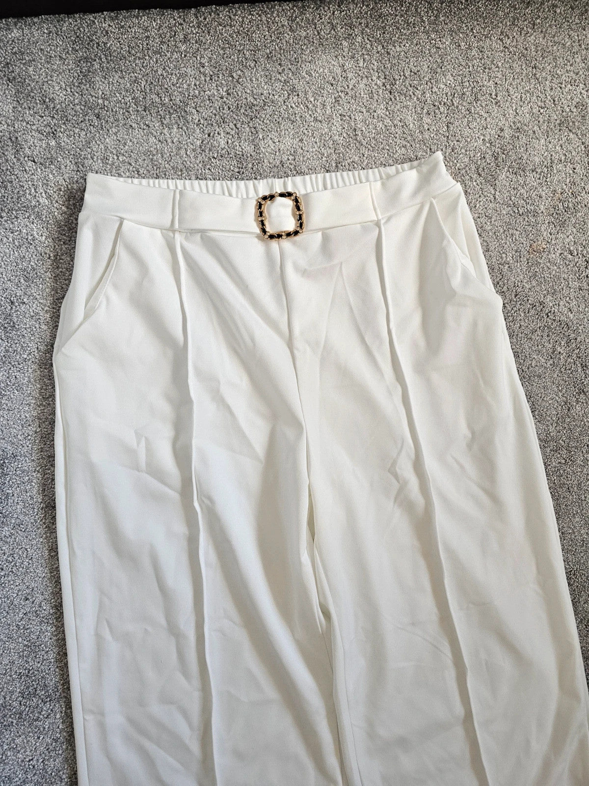 Generic tailored pleated trousers women wide straight leg mid rise white summer casual L/12