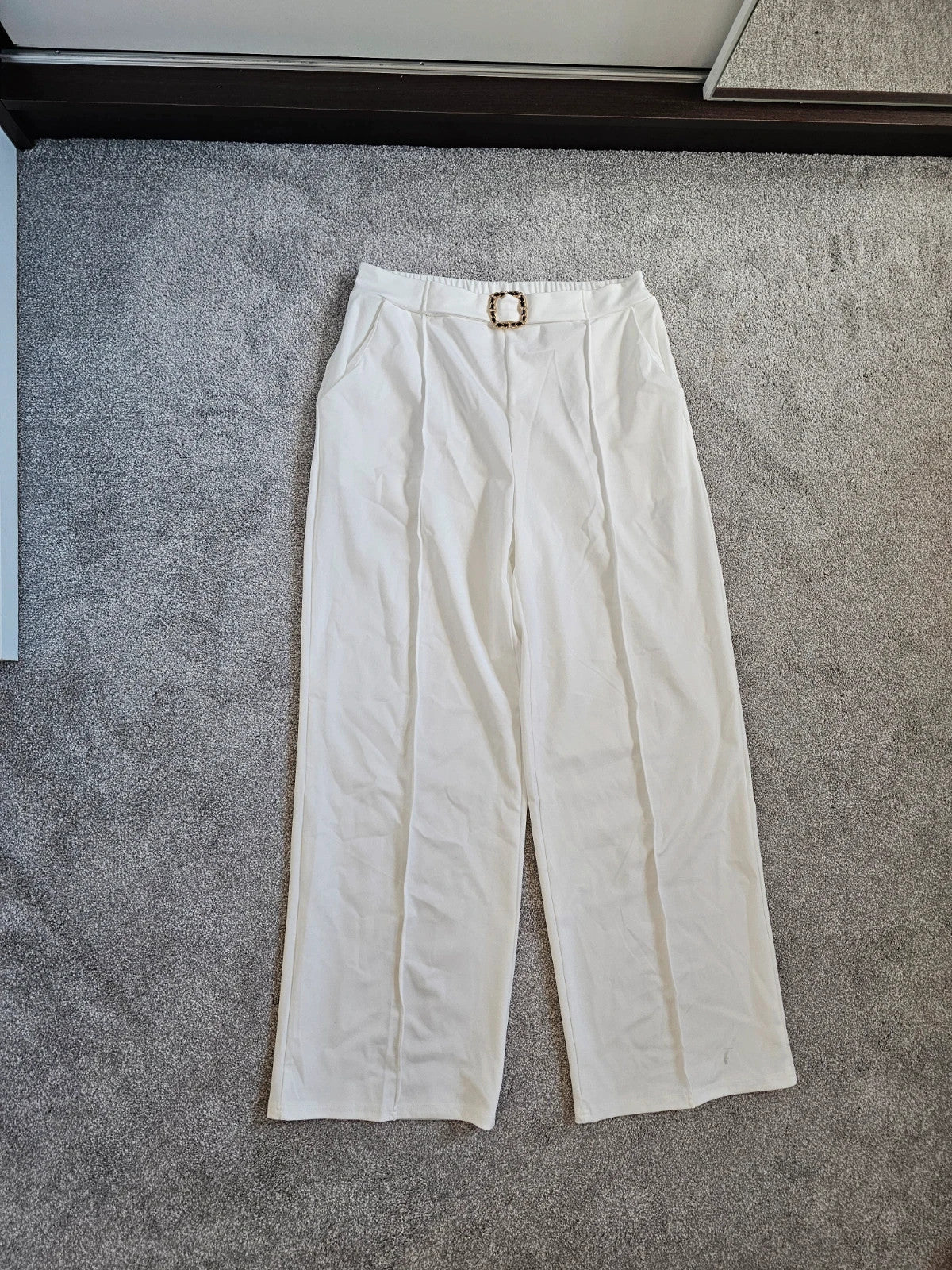 Generic tailored pleated trousers women wide straight leg mid rise white summer casual L/12