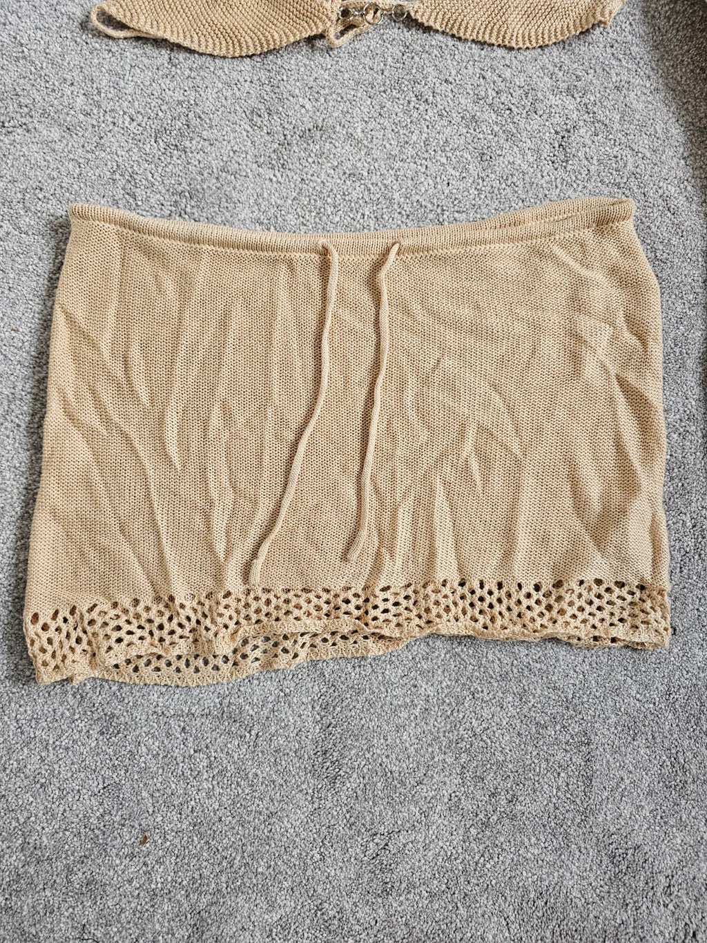 Generic crochet knit summer beach set halter top/bralette long sleeve bolero mini skirt beige M/10